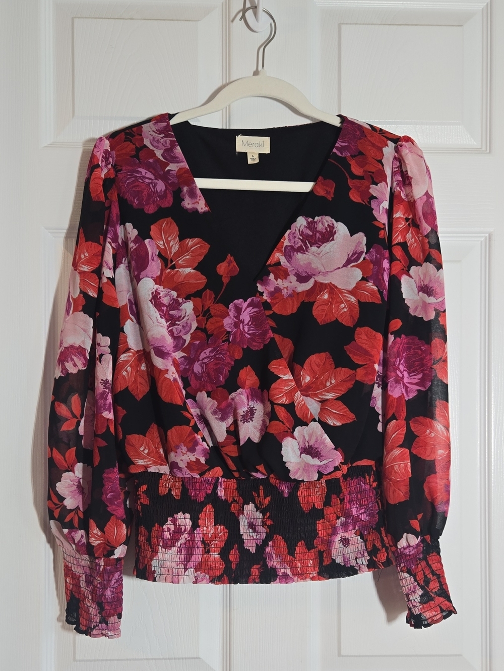 meraki Black Floral Wrap Blouse - Red & Pink Blooms Size Large